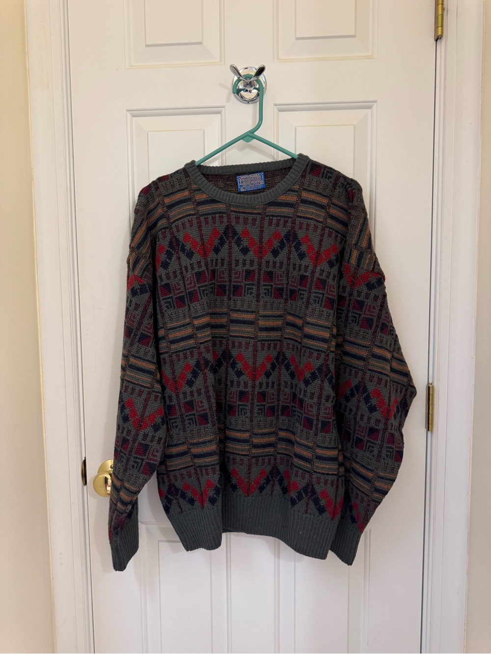 Vintage Pendleton Wool Men's Patterned Crewneck Sweater in Charcoal and Red
